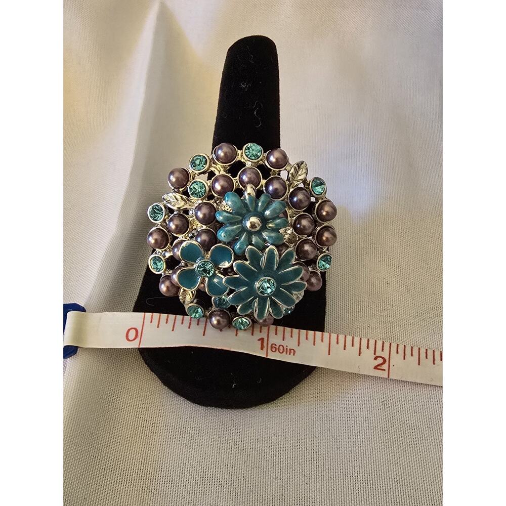 Fashion Ring Blue Enamel Rhinestone Bouquet Flowers Adjustable - Picture 2 of 3